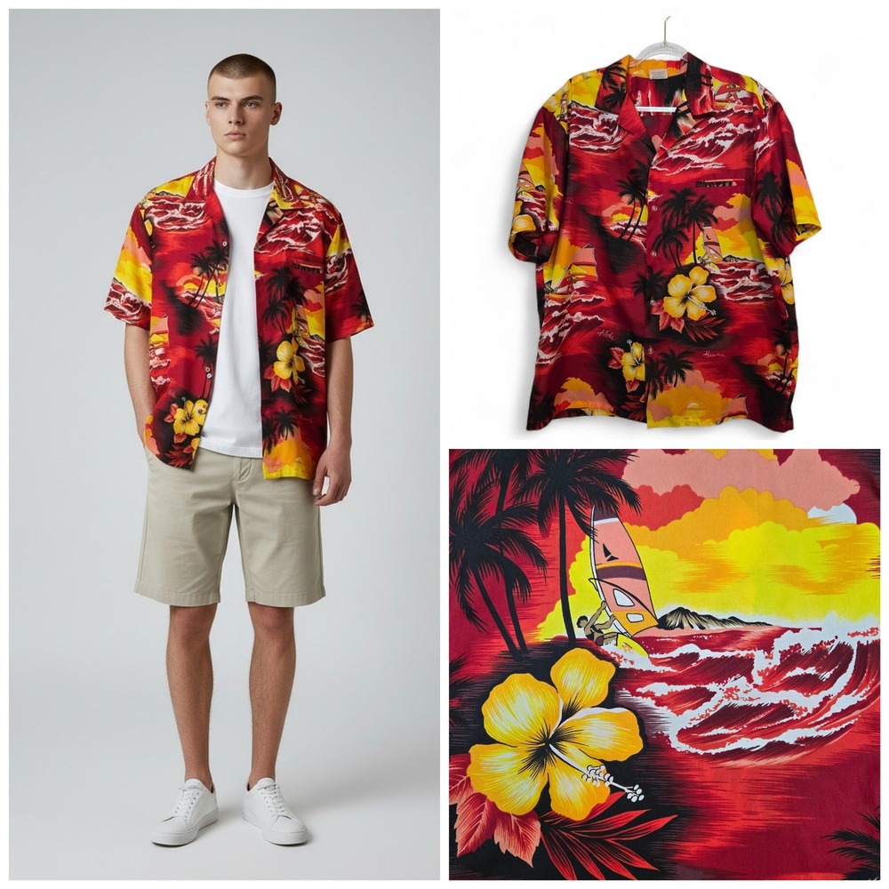 Kalena Fashions Hawaii Tropical Sunset Windsurf Aloha Shirt Polyester Mens‎ XL